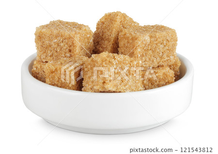 brown sugar in a ceramic bowl isolated on white background 121543812