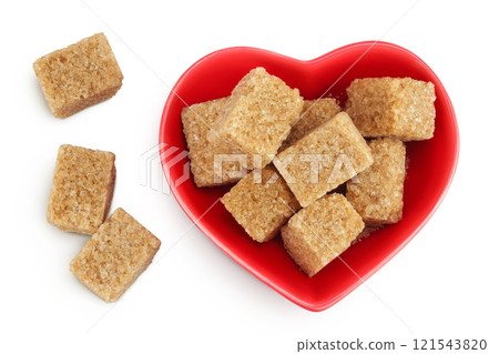 brown sugar in a ceramic bowl isolated on white background. Top view. Flat lay 121543820
