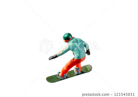 Miniature figurine depicting a snowboarder in mid-motion isolate on white background with clipping path 121543831