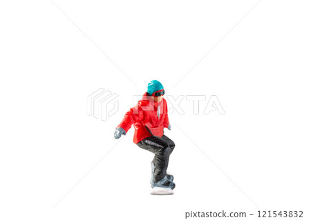 Miniature figurine depicting a snowboarder in mid-motion isolate on white background with clipping path Miniature figurine depicting a snowboarder in mid-motion isolate on white background with clipping path 121543832