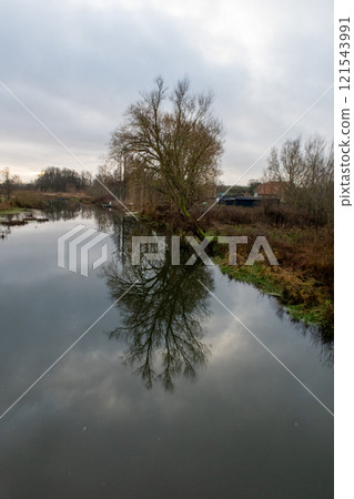 A tree gives a beautiful reflection in a river. A dark sky with clouds in the background 121543991