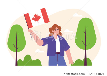 Young woman holding Canadian national flag vector flat illustration 121544021
