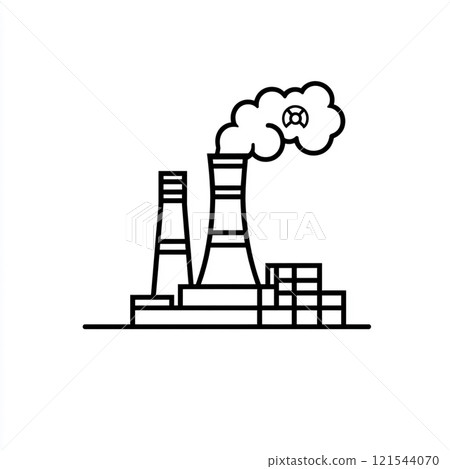 Outline icon of a nuclear power plant with black line on a white background. 121544070
