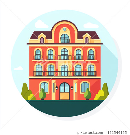 Flat icon of vintage a hotel facade on white clean background. Flat icon of vintage a hotel facade on white clean background. 121544135