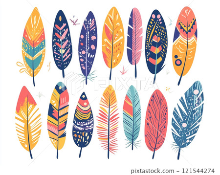 A colorful feather pattern with simple shapes and bold colors.  121544274
