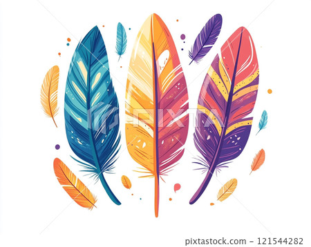 A colorful feather pattern with simple shapes and bold colors.  121544282