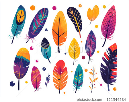 A colorful feather pattern with simple shapes and bold colors.  121544284