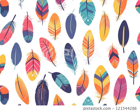 A colorful feather pattern with simple shapes and bold colors.  121544286