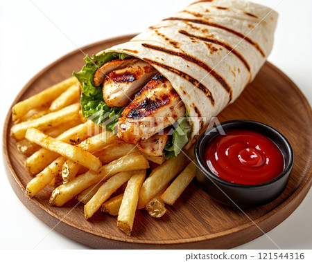 Delicious chicken wrap with fries and sauce on a wooden plate. 121544316
