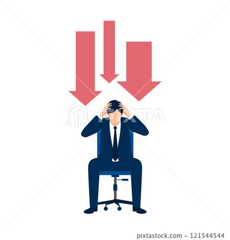 向下箭頭和商人抱著頭的插圖，向量圖 121544544