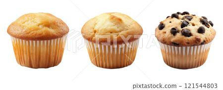 Set of isolated mockup of two plain vanilla muffins and a chocolate chip muffin on a transparent background. Side view. 121544803