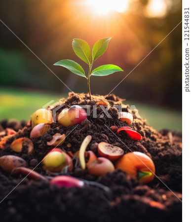 Sapling sprouting from a mound of soil mixed with decomposing fruits and seeds. Process of composting and plant growth from rotten fertilizer decomposing ground. Organic horticulture concept 121544831