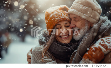 Mature spouses hugging outdoors 121544840