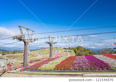 The pair lift and sunpatiens on Chausuyama Plateau against the blue sky (Aichi Prefecture) The pair lift and sunpatiens on Chausuyama Plateau against the blue sky (Aichi Prefecture) 121544870
