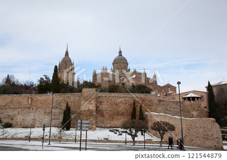 Panoramic view of Salamanca Cathedral covered with snow, Spain 121544879