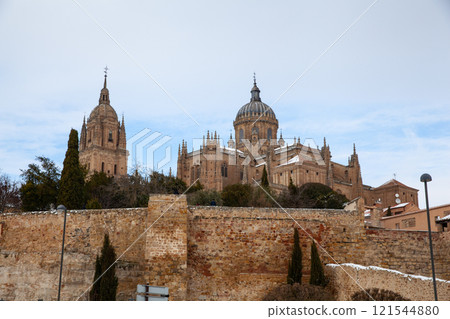 Panoramic view of Salamanca Cathedral covered with snow, Spain 121544880