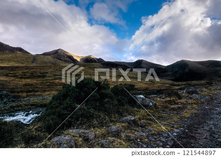 Majestic mountain scenery under a clear blue sky with wispy clouds in a tranquil natural setting. 121544897