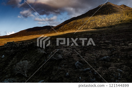 A striking landscape showcases a mountain under changing skies, with sunlight illuminating its slopes. A solitary tree stands prominently at the base, adding contrast and focus. 121544899