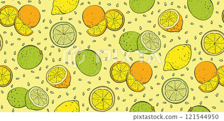 Citrus Seamless Pattern with Lemons, Oranges, Limes on Yellow Background 121544950