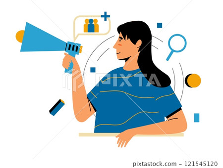 Business brainstorm. Woman with loudspeaker. Public speaker. Marketing announcement. Businessman speaking through megaphone. Promotion bullhorn. Activist agitation speech. Vector concept Business brainstorm. Woman with loudspeaker. Public speaker. Marketing announcement. Businessman speaking through megaphone. Promotion bullhorn. Activist agitation speech. Vector concept 121545120