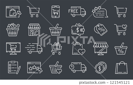 Commerce icons. Shopping symbols. Supermarket cart and basket. Online store sign. Sale price. Express delivery. Payment money. Shop discount. Customer feedback. Vector line pictograms set Commerce icons. Shopping symbols. Supermarket cart and basket. Online store sign. Sale price. Express delivery. Payment money. Shop discount. Customer feedback. Vector line pictograms set 121545121