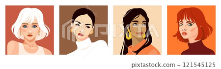 Woman portrait. Young women face, abstract ethnic multi ethnic female art characters. Retro model people avatar, African and European people, blondie and redhead. Poster vector flat set 121545125