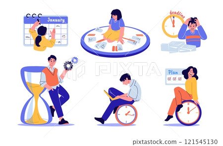 Time management. Clock, calendar and work schedule, business people characters on appointment. Office organize. Men and women planning, timer and hourglass. Vector cartoon flat illustration 121545130