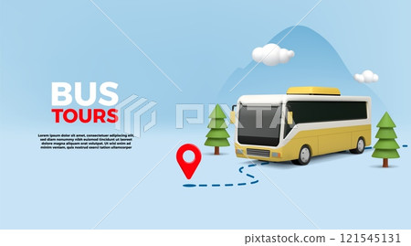 Shuttle bus tour. 3D public transport. Commercial road trip. Future city tourism and auto traffic. Passengers transportation. Nature trees and mountains. Car journey. Vector vocation banner 121545131