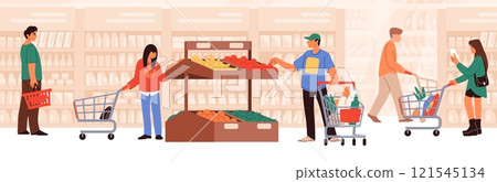 People in shop. Supermarket, grocery store man buy products in cart. Woman character with trolley. Customers buying food and drink. Family shopping. Vector cartoon flat isolated illustration People in shop. Supermarket, grocery store man buy products in cart. Woman character with trolley. Customers buying food and drink. Family shopping. Vector cartoon flat isolated illustration 121545134