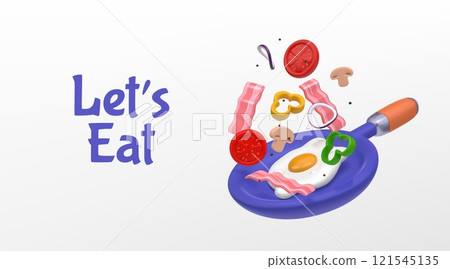 Breakfast icon. Let s eat. 3D cook. Omelet on pan. Diet dish cookware. Kitchen saucepan. Restaurant cooking. Preparing nutrition for brunch. Eggs with bacon and vegetables. Vector concept Breakfast icon. Let s eat. 3D cook. Omelet on pan. Diet dish cookware. Kitchen saucepan. Restaurant cooking. Preparing nutrition for brunch. Eggs with bacon and vegetables. Vector concept 121545135