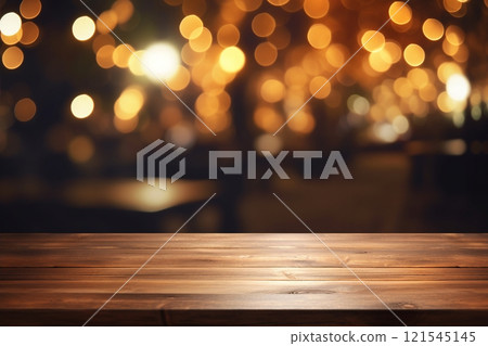 In the foreground, a wooden table is highlighted against an abstract and blurred restaurant lights background, setting the mood for an evening of culinary delights. Created with generative AI tools 121545145