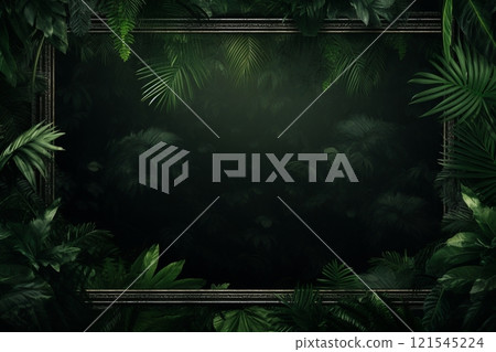 A backdrop highlighted by a frame made of fresh, green jungle palm leaves. Created with generative AI tools 121545224