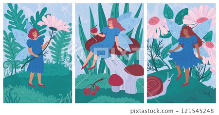 Cute fairy. Fantasy girl. Fairytale pixie on mushroom. Nature children. Garden flower leaf on card. Kids hand drawn invitation. Magic meadow. Flying wings. Vector childish banners set Cute fairy. Fantasy girl. Fairytale pixie on mushroom. Nature children. Garden flower leaf on card. Kids hand drawn invitation. Magic meadow. Flying wings. Vector childish banners set 121545248