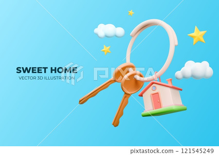 3D house key. Real estate. Apartment mortgage. Townhouse rent. Loan or buy new residential building. Finance or home market process. Render keychain. Cottage purchase. Vector background 121545249