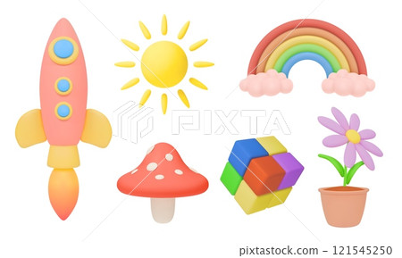 3D kids icons. Children toys. Cute plant in flowerpot. Plastic Rubik cube. Pastel colors rainbow with clouds. Rocket spaceship launch. Fly agaric mushroom. Vector cartoon render objects set 121545250