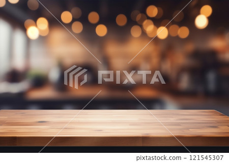 With a blurred kitchen setting in the background, a wooden tabletop serves as a versatile canvas for product display or design presentations. Created with generative AI tools 121545307