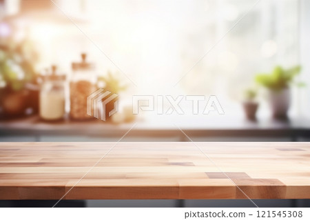 With a blurred kitchen setting in the background, a wooden tabletop serves as a versatile canvas for product display or design presentations. Created with generative AI tools With a blurred kitchen setting in the background, a wooden tabletop serves as a versatile canvas for product display or design presentations. Created with generative AI tools 121545308