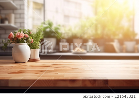 Against a softly defocused kitchen background, a wooden table surface becomes an ideal choice for showcasing products or creating design mockups. Created with generative AI tools 121545321