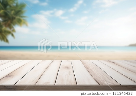 Set against the vibrant blur of a tropical beach, complete with white sands, a palm tree, and the ocean, a light wooden table takes center stage. Created with generative AI tools 121545422