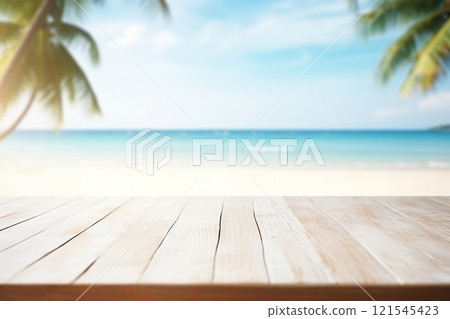 Amidst the colorful blur of a tropical beach scene, featuring white sands, a swaying palm tree, and the endless ocean, a light wooden table stands prominently. Created with generative AI tools Amidst the colorful blur of a tropical beach scene, featuring white sands, a swaying palm tree, and the endless ocean, a light wooden table stands prominently. Created with generative AI tools 121545423
