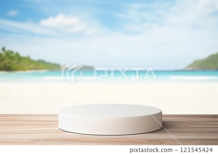 A white circular pedestal is placed on a weathered wooden table, framed by the tranquil vista of a sandy beach, a blue ocean, and a light blue sky. Created with generative AI tools A white circular pedestal is placed on a weathered wooden table, framed by the tranquil vista of a sandy beach, a blue ocean, and a light blue sky. Created with generative AI tools 121545424