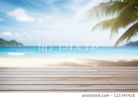 A light wooden table commands attention against the dynamic, blurred backdrop of a tropical beach, characterized by white sands, lone palm tree, and the vast ocean. Created with generative AI tools 121545428