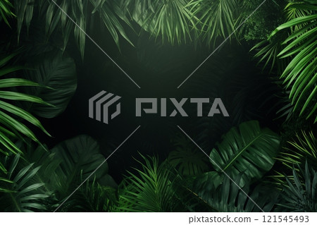 Jungle palm leaves in their vibrant green glory create a frame against a natural background. Created with generative AI tools 121545493