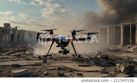 [16:9 version] Drone image: A drone photographing damage at disaster sites, with four arms 121545526