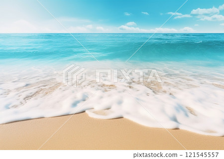 A abstract representation of a sunlit beach with turquoise waters a background concept for a dreamy seaside resort, offering room for text or product presentation. Created with generative AI tools A abstract representation of a sunlit beach with turquoise waters a background concept for a dreamy seaside resort, offering room for text or product presentation. Created with generative AI tools 121545557