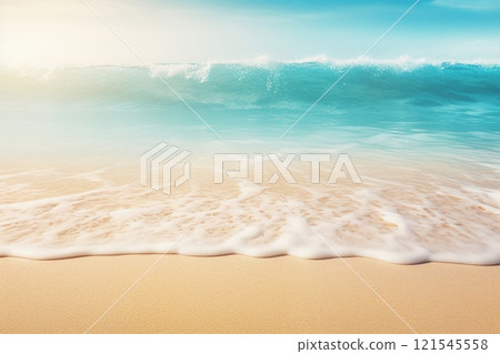 An abstract beach setting adorned with radiant sunlight and tranquil turquoise waves an background concept for an idyllic seaside resort, space for text or product. Created with generative AI tools An abstract beach setting adorned with radiant sunlight and tranquil turquoise waves an background concept for an idyllic seaside resort, space for text or product. Created with generative AI tools 121545558