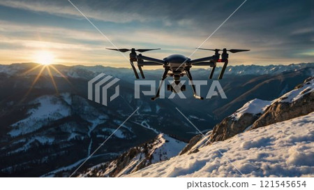 [16:9 version] Drone image: A drone searching for a missing person in a mountainous area, with four arms 121545654