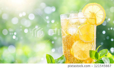 Refreshing iced tea with lemon slices and bokeh background. 121545667