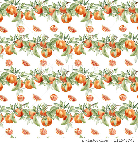 Grapefruits on branches of fruit tree seamless background isolated. Horizontal Botanical Pattern by watercolor citrus plants. Hand drawn oranges and leaves on repeated texture for design textile. 121545743