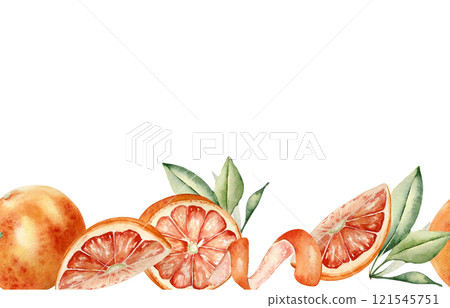 Red oranges whole and half, orange citrus spiral and leaves watercolor seamless border isolated on white. Summer juicy fruits on repeated texture hand drawn with segments grapefruits and swirl peel. 121545751